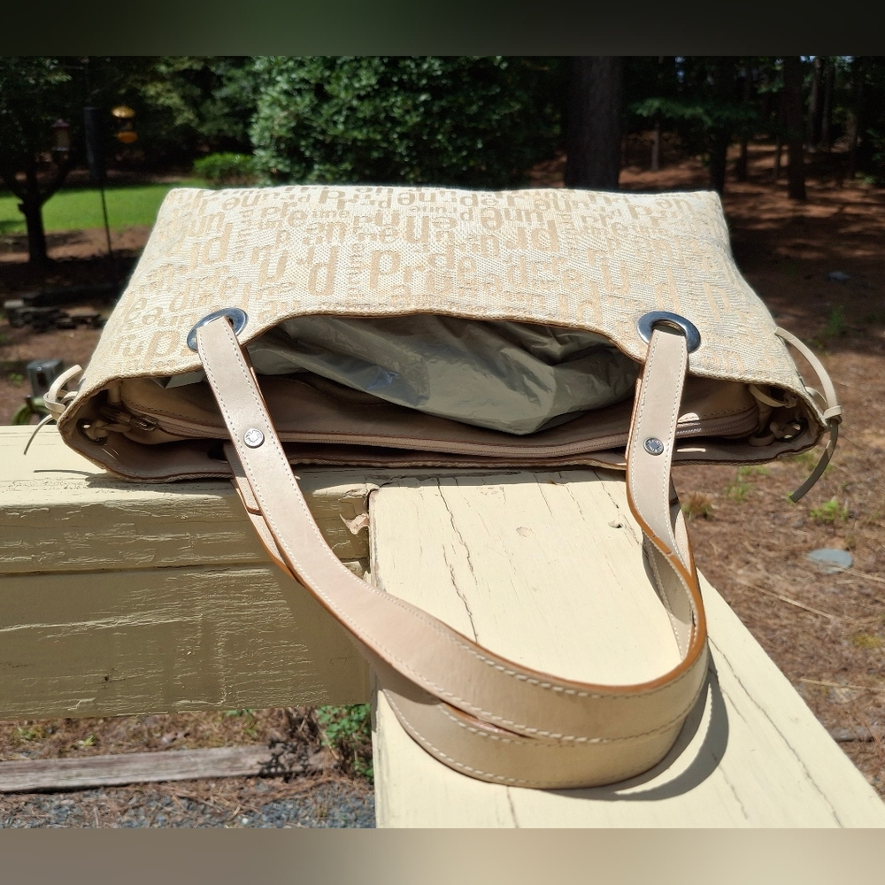 Prune Logo Print Soft Cream/Tan Canvas & Tan Leather Trim Shoulder Bag - Picture 10 of 15